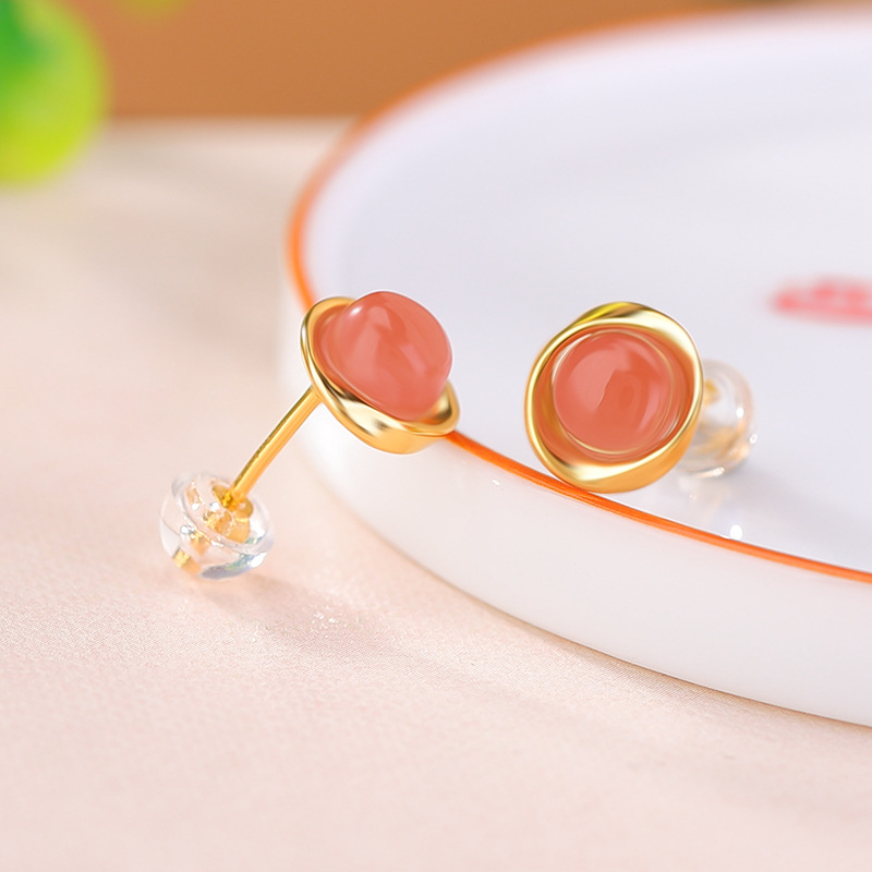 Bông tai bạc S925 mạ vàng hạt tròn hình học phong cách retro — Phong cách ngọc nước trong suốt