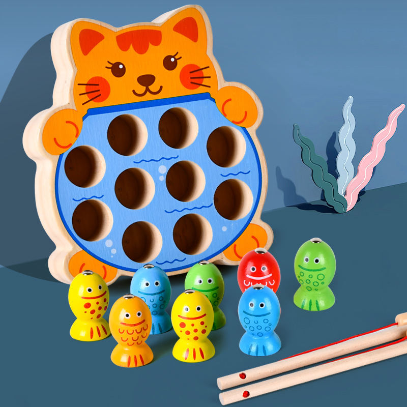 Educación temprana de madera para niños transfronterizos desarrollo de inteligencia Rana gatito pesca varilla de pesca magnética entrenamiento de escritorio juguetes educativos