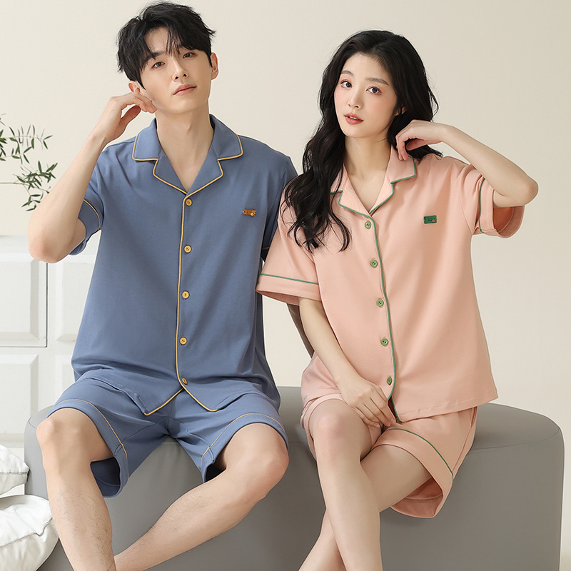 Pajamas de pareja simple mujeres verano 2024 nuevo delgado pantalones cortos de mangas cortas con solapa de algodón para hombres set de ropa de hogar