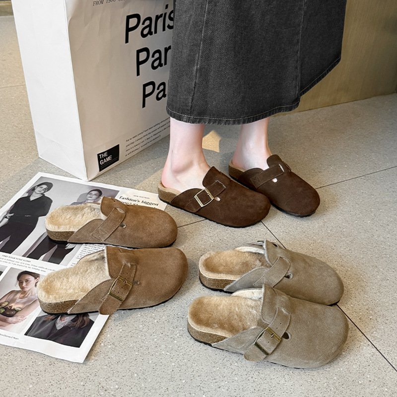 2002-11勃肯鞋女厚底加毛懒人鞋包头半拖鞋穆勒鞋宽胖脚大码棉鞋