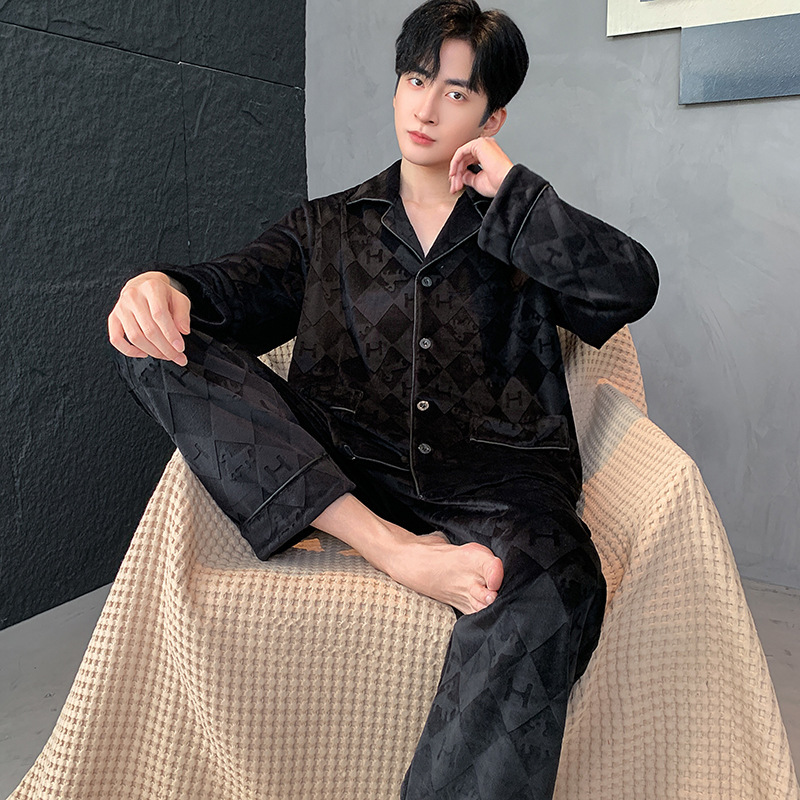 New High-End Island Velvet Autumn and Winter Pajamas Men's Cardigan Lapel Long-Sleeved Pants Suit Jacquard Home Clothes New High-End Island Velvet Autumn and Winter Pajamas Men's Cardigan Lapel Long-Sleeved Pants Suit Jacquard Home Clothes