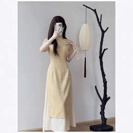 《花之约》粉色奥黛改良旗袍新中式改良年轻款少女修身短袖连衣裙