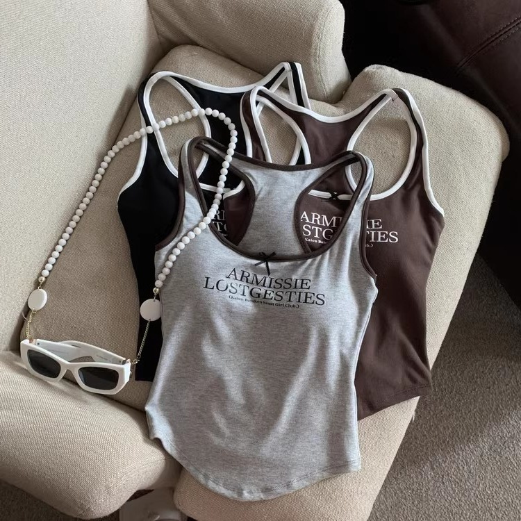 American-Style Spicy Girl Print Camisole with Backless Design for Women, Summer Inner Wear with Chest Pads, Slimming Outerwear Top