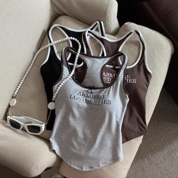 American-Style Spicy Girl Print Camisole with Backless Design for Women, Summer Inner Wear with Chest Pads, Slimming Outerwear Top