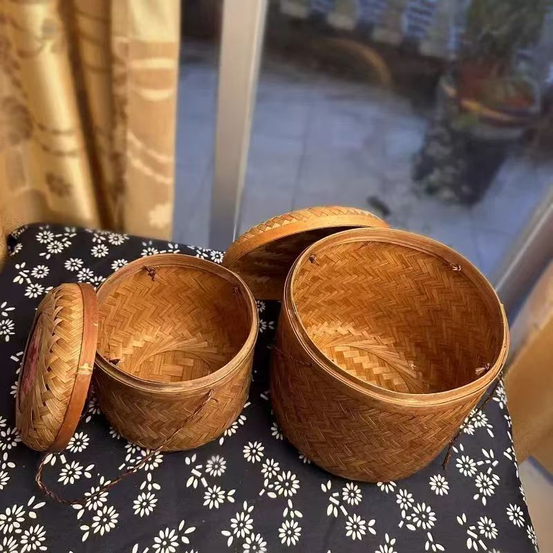 Cesta de Bambú Tejido Grande Redonda con Tapa para Regalos y Hogar