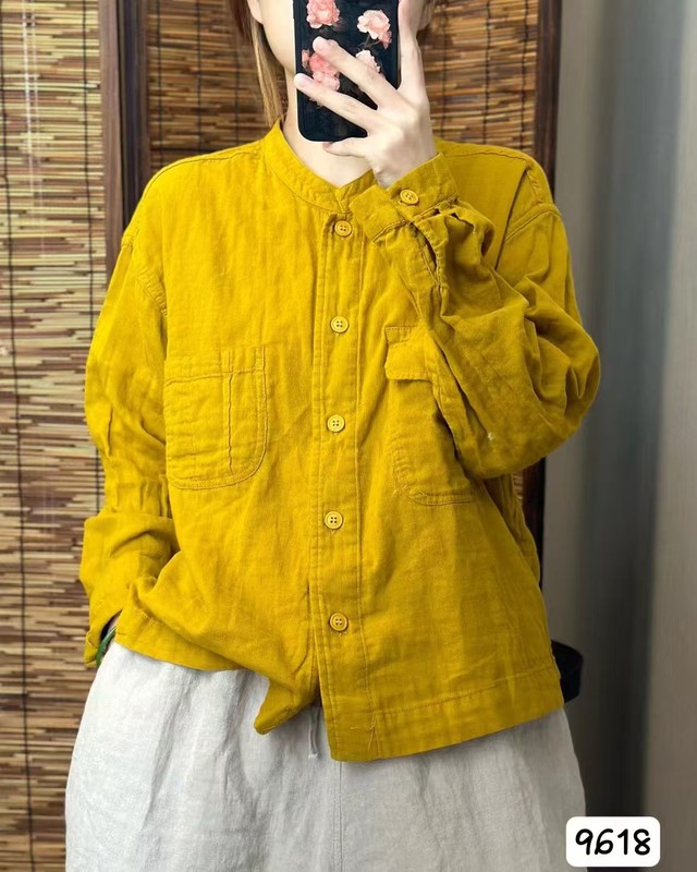 古咖服饰秋新款文艺口袋拼接立领长袖棉纱衬衫宽松休闲开衫衬衣|undefined