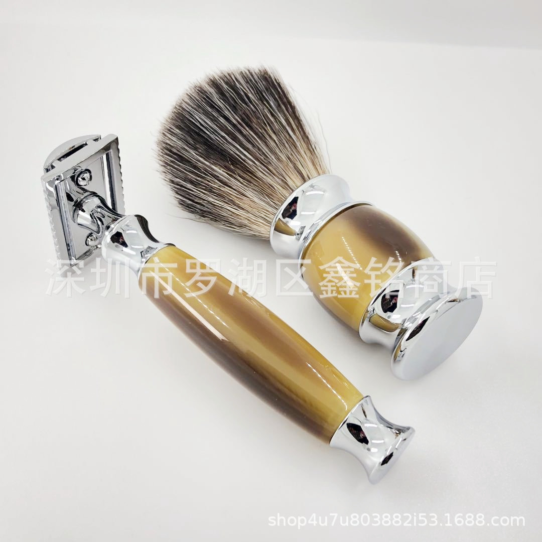 Factory spot badger hair beard brush set imitation horn metal handle manual razor set bathroom supplies