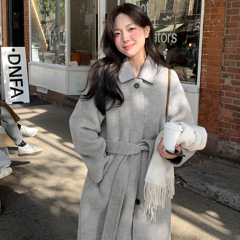 Korean Chic Retro Elegant Casual Wide Simple Design Single-Breasted Lace-Up Long Woolen Outwear