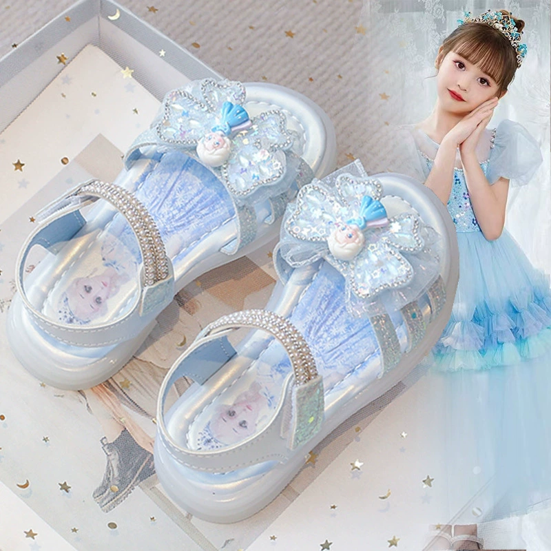 Детские босоножки для девочек, блестящие туфли принцессы Эльзы, лето 2025, новые, с кристаллами и стразами, пляжная обувь, мягкая подошва