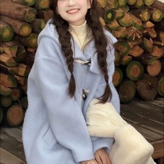 蓝色韩系连帽毛呢外套女秋冬季牛角扣小个子大衣2025年新款厚风衣