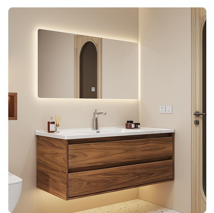 New walnut wood color double-drawer bathroom cabinet, bathroom washbasin and washbasin set with ceramic integration undefined