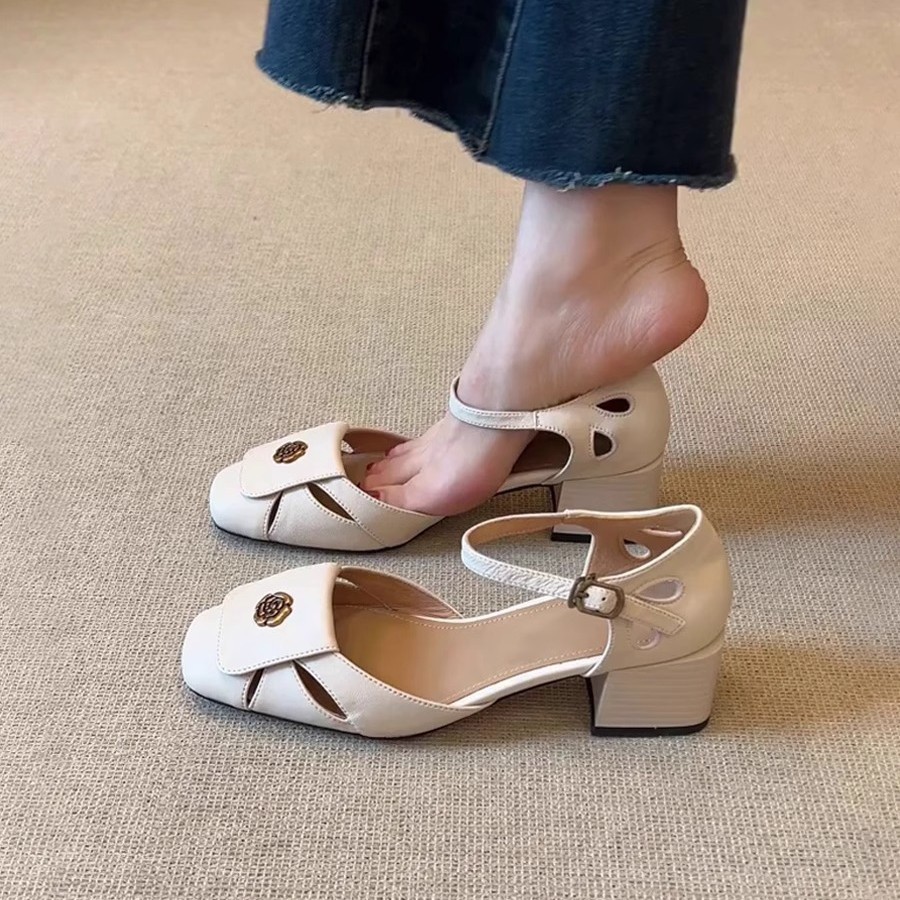 Soft Leather Version ~ French Camellia Cut Out Toe Sandals, One-Word Buckle Straps, Work Clothing Elegant, Square Toe Thick Heel Flats for Women