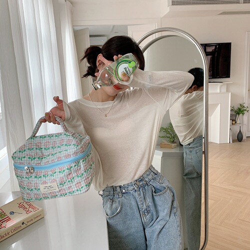 26277 Fresh and cute cosmetic bag, pastoral style cotton large capacity portable storage bag, toiletry organizer bag for women