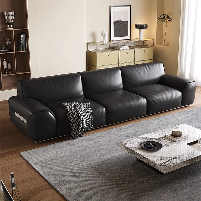 Sofá de cuero minimalista italiano, sofá de salón en línea recta, sofá de cuero completo, gran vaca negra, negro, nuevo estilo 2025