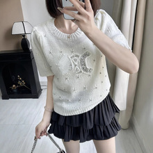 高品质25春季新款潮牌重工订珠圆领套头针织短袖减龄宽松百搭上衣