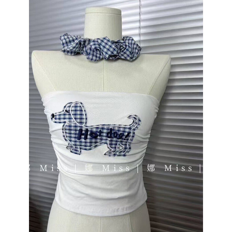 Puppy Embroidery Design Niche Tube Top Sleeveless Camisole Women's Summer Outer Wear Sexy Sexy Top with Breast Pads