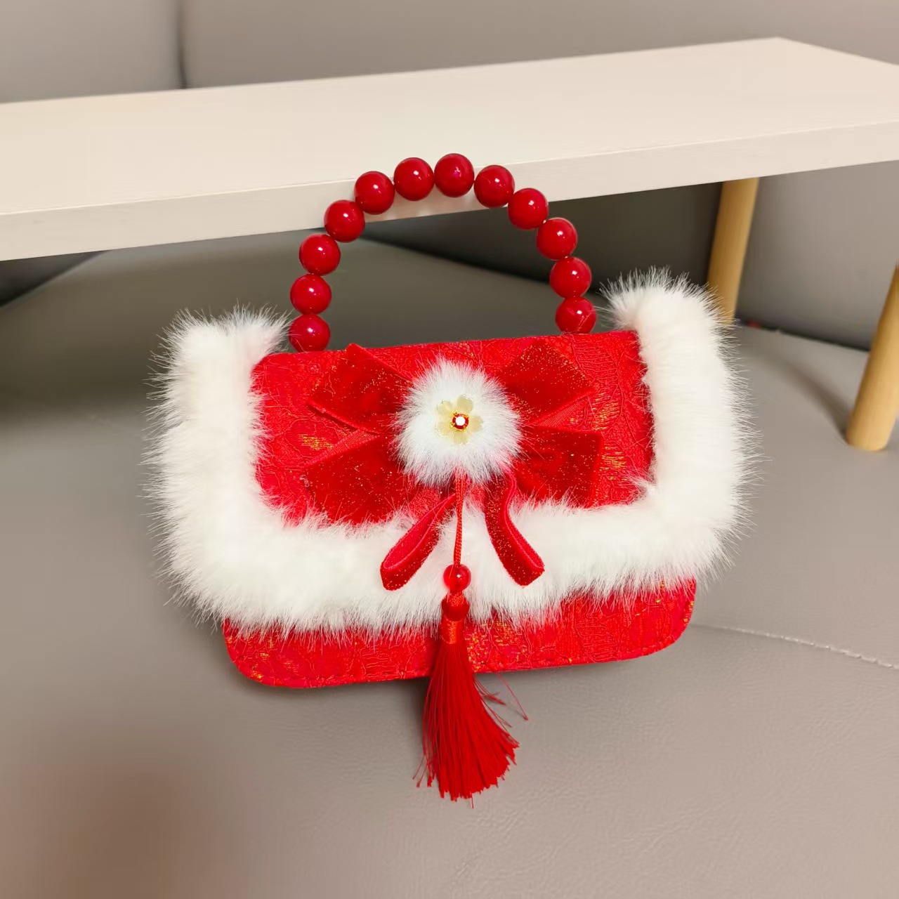 Gran bolso portátil de perla roja, cadena de arco, bolso cuadrado, bolso de Año Nuevo para chicas, bolso de Año Nuevo, viento fragante