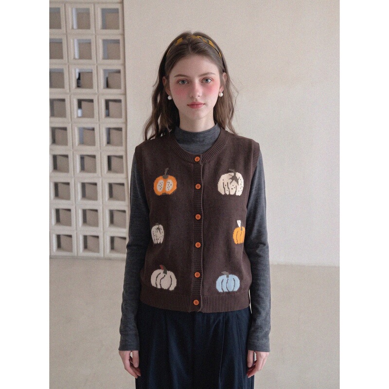 Old Money Style Vintage Brown Pumpkin Jacquard Knit Vest for Women, Autumn and Winter Outerwear, Sleeveless Sweater Old Money Style Vintage Brown Pumpkin Jacquard Knit Vest for Women, Autumn and Winter Outerwear, Sleeveless Sweater