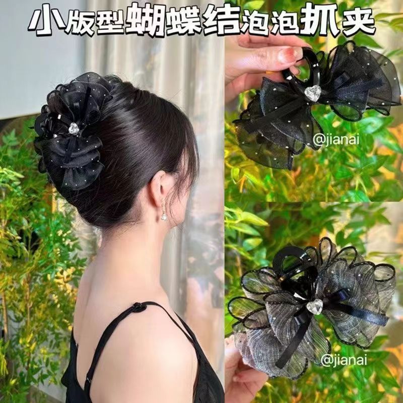 源頭爆品蝴蝶結網紗褶皺盤發抓夾高級感優雅氣質時尚溫柔甜美髮夾