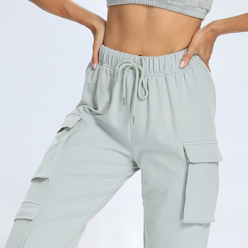 New solid color multi-function pocket jogging pants, Harlan overalls, elastic hem, sports and fitness pants