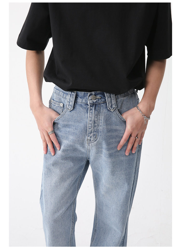 Quần jean nam cạp chun ống loe nhẹ màu xanh nhạt form rộng cá tính — Xanh lam nhạt chi tiết 12