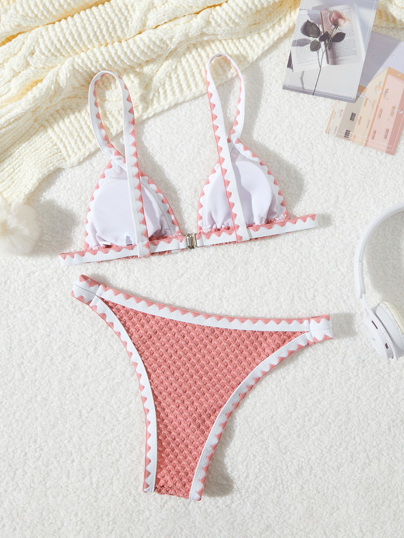 92g Weight Sexy Feel Of Sensation Briefs Panties Style Polyester Fabric Type 2 Pieces Set Quantity Swimming Pool, Beach Occasion Serrated Pattern Women's Gender Women's Serrated 2 Pieces Set Bikinis Swimwear 26