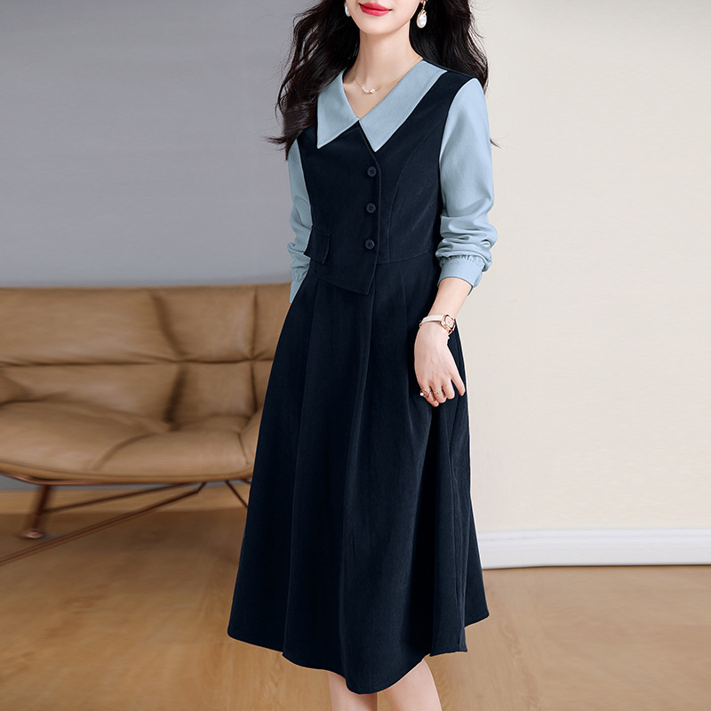 假三件连衣裙女2025秋冬款复古长袖衬衫翻领裙子高级设计感|undefined