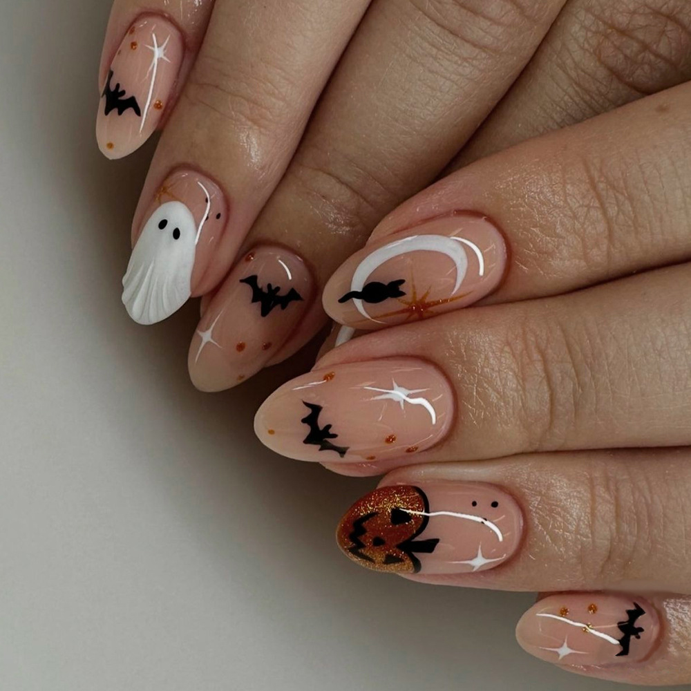 Temas de Halloween para usar patches de uñas murciélagos fantasma calabaza negra gatos manicuría venta cruzada 24 piezas de parches de uñas