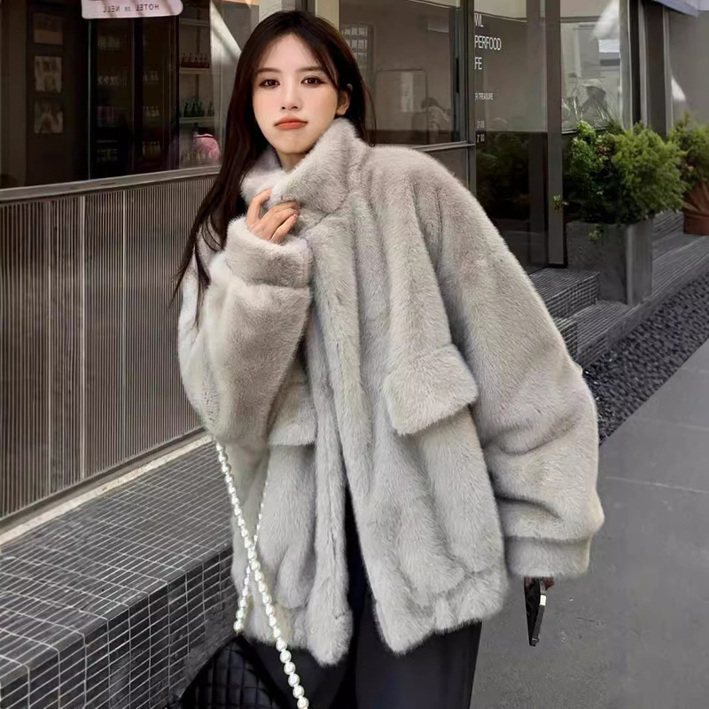 Winter Fur Jacket Loose Plush Jacket Women's New in Rice Grey Mink Fur Collar Large Pocket Fur Top