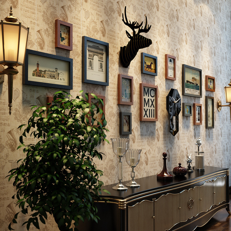 Polymer_A17 Old American Retro Style Photo Wall Decorative Painting Combination Photo Frame Hanging Painting Rocking Clock Jewelry