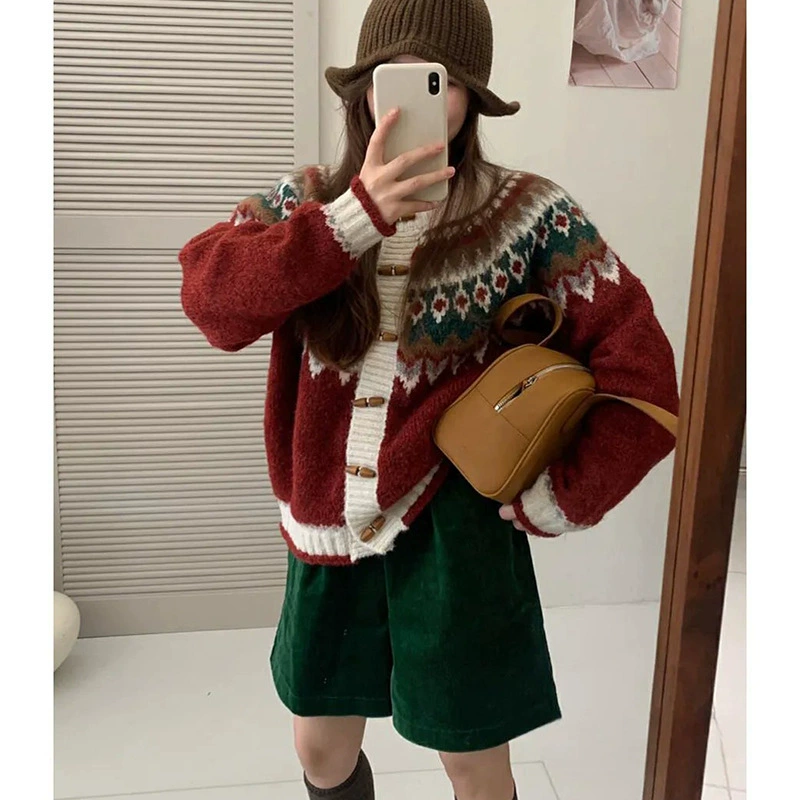 Корейский дизайн контрастный жаккардовый свитер с рога кардиган женский мягкий осенний и зимний