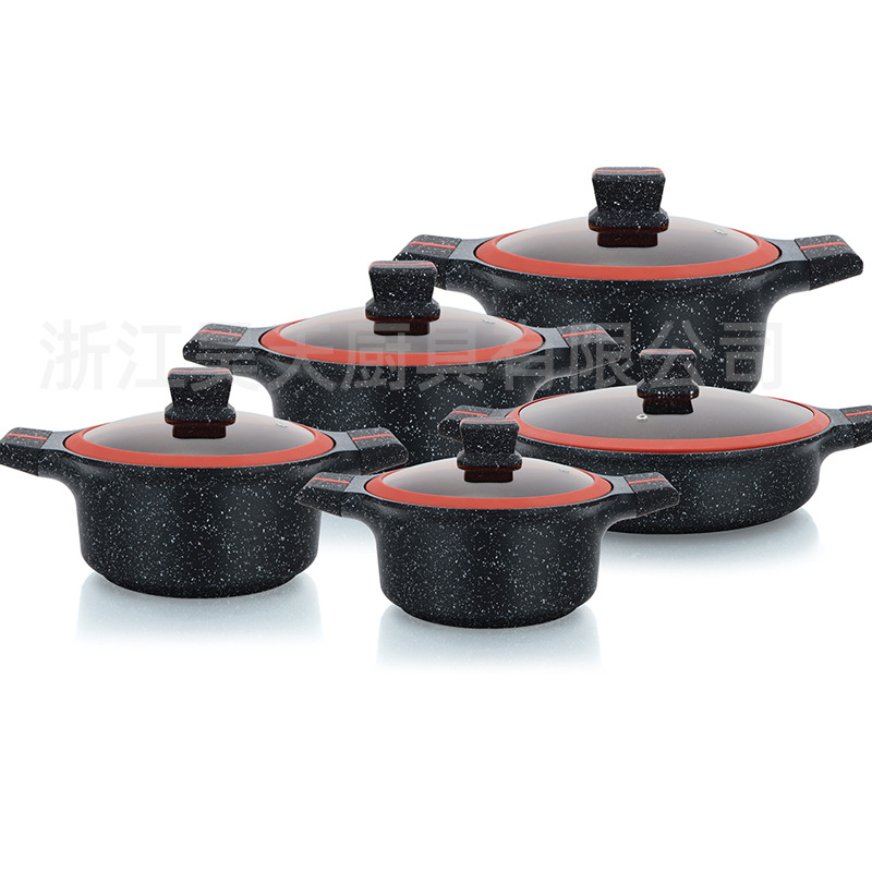 Nuevo juego de ollas transfronterizas de 10 piezas juego de ollas antiadherentes con tapa de vidrio de silicona juego de ollas de piedra médica fundida a presión NEW POT
