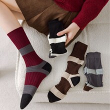 2024女士袜子撞色咖色酒红中筒袜条纹堆堆袜灯笼袜猪大肠百搭四季