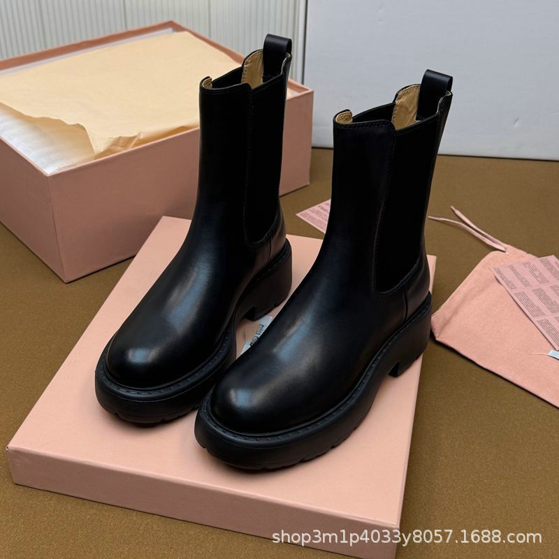 原厂莞货！缪家秋冬新款厚底增高一脚蹬松紧马丁靴百搭显瘦短靴女|undefined