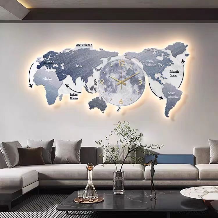 Mapa simple pintura decorativa de la sala de estar moderna luz lujo atmósfera sofá de oficina fondo pintura de pared con reloj pintura de lámpara