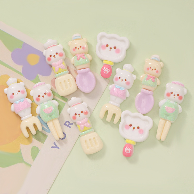 Cute Bear Fork Spoon Tableware DIY Cream Glue Keychain Hole Shoe Buckle Hairpin Resin Jewelry Accessories