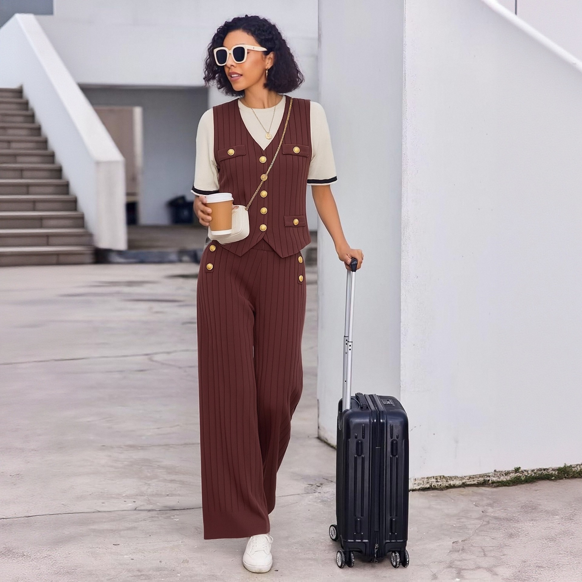 Women's Knitted Two-Piece Suit Fashionable Metal Buckle Woolen Top And Loose Wide Leg Pants High-End Pant Set_ecoleips.com