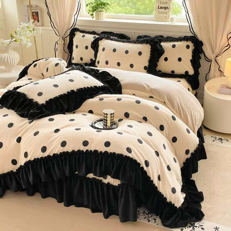 冬季高克重加厚牛奶绒床盖四件套复古波点法兰绒花边被套四件套件