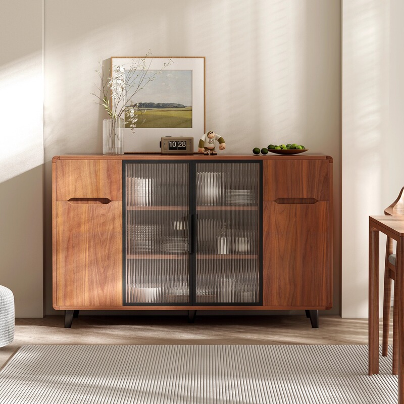 Solid Wood Sideboard Glass Door Storage Cabinet Wood Color High-End Home Storage Cabinet Storage Cabinet New Storage Cabinet