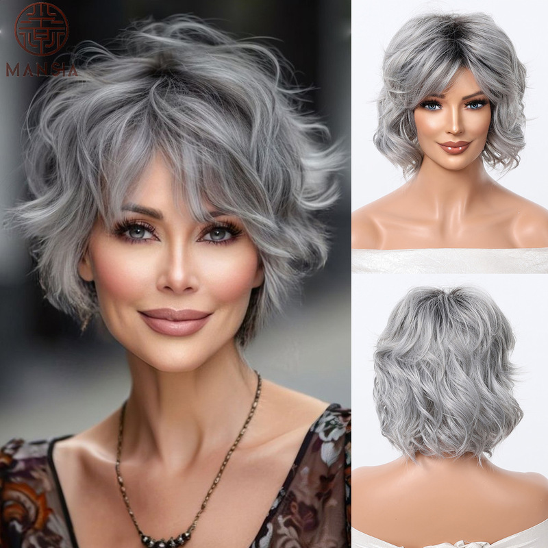 Amazon Fashion Grandma's Popular Natural Light Gray Fluffy Short Curly Hair European and American Ladies Wig Manufacturer Ready Stock Amazon Fashion Grandma's Popular Natural Light Gray Fluffy Short Curly Hair European and American Ladies Wig Manufacturer Ready Stock