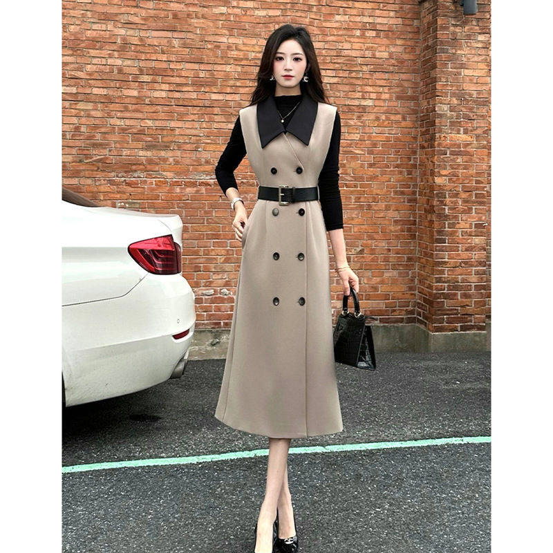 [Free Belt] 2025 Early Autumn New Style Elegant and Sophisticated Double-Breasted Contrast Color Lapel Suit Vest Dress