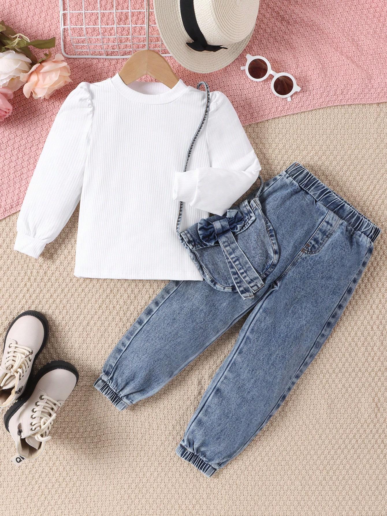 Pantaloni a maniche lunghe nuovi e caldi in vendita per ragazze autunno e inverno 2024 + borsa in denim carina alla moda_voghion.com