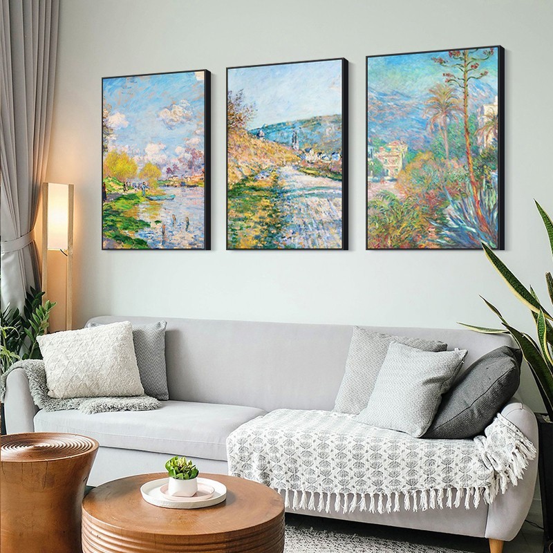 Monet Decorative Painting World Famous Painting Van Gogh Oil Painting Living Room Sofa Background Wall Landscape Wall Mural Triptych