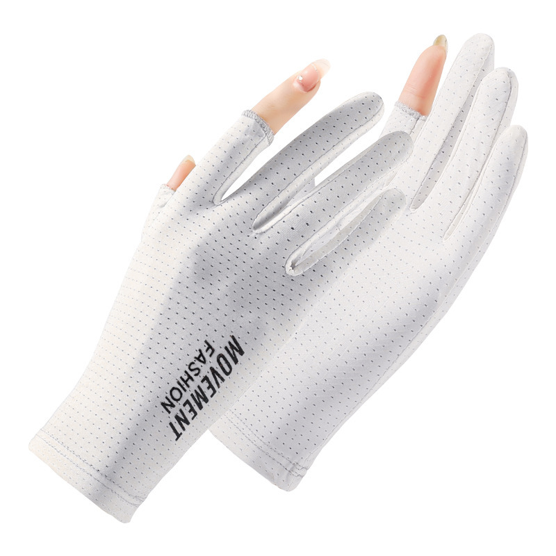 Guantes de protección solar para mujer de seda de hielo fino primavera y verano Protección UV conducción antideslizante fuga dedo pesca sombrilla