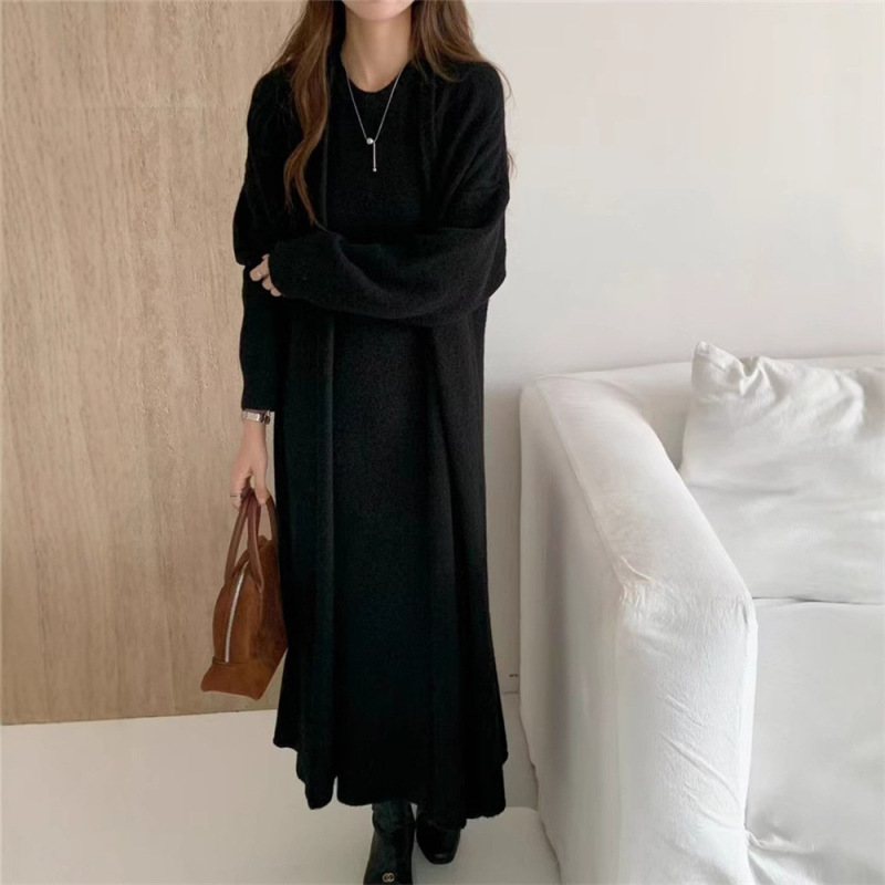 韓国風ニットスーツ女性の怠惰なスタイルのハイエンドロングセータージャケット+ベストドレス2点セット|undefined