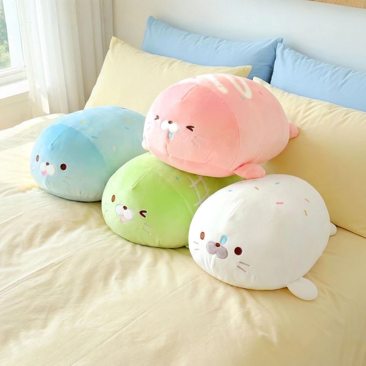 Dopamine-colored seal plush toy, perfect for office naps, photo shoots, and as a birthday gift