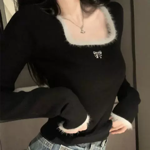 软糯德绒方领打底衫T恤女春秋设计感加厚内搭纯欲高级感长袖上衣