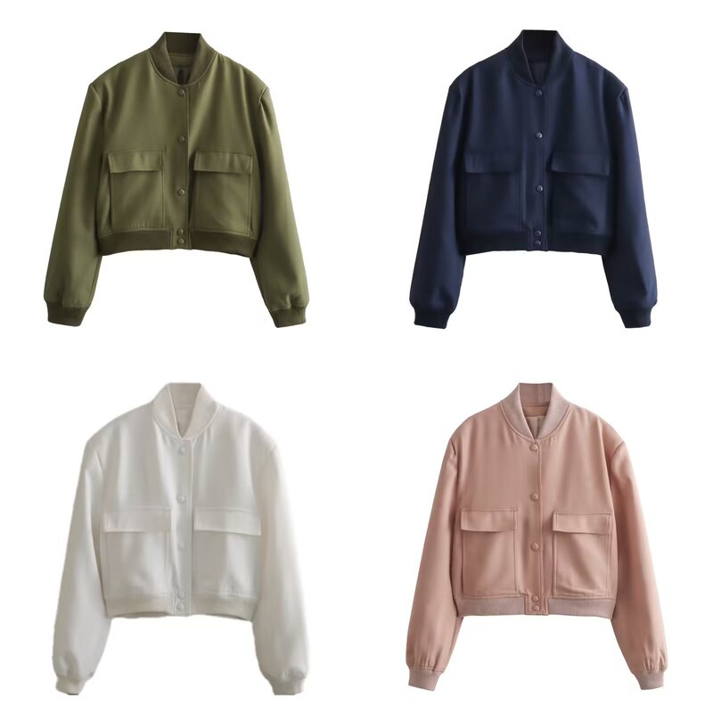 2023 New Women's Autumn Big Pocket Jacket Stand Collar Jacket Women's Rr5-71354 Urban Fashion