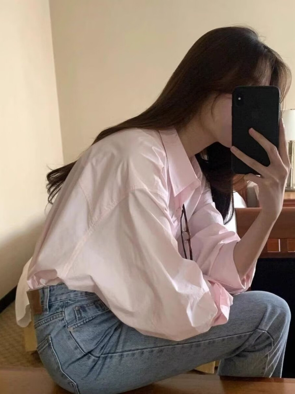 粉色长袖衬衫女士慵懒风polo领宽松开衫防晒外套衬衣法式春秋上衣|undefined