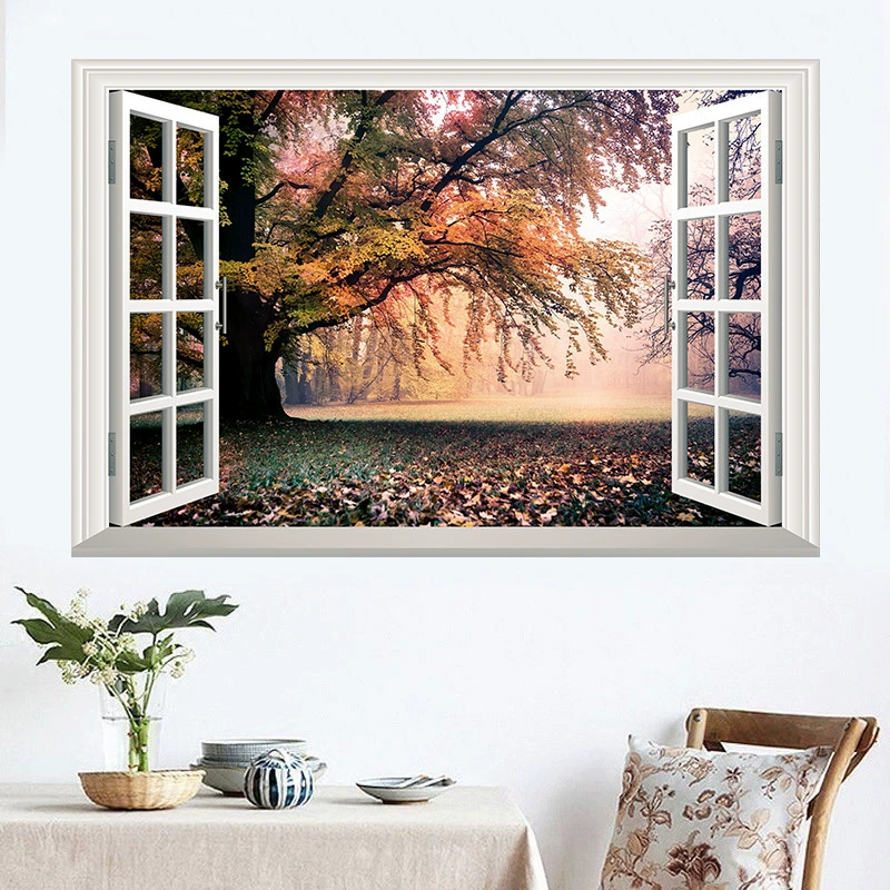 Наклейки на стену с искусственным окном, цветами и деревьями для гостиной, спальни, декора телевизора, самоклеящаяся бумага